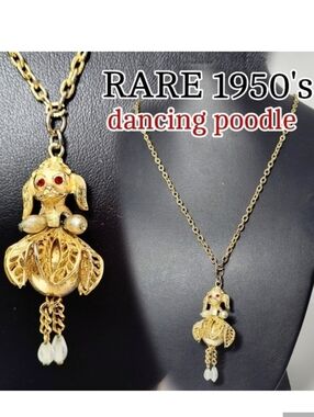 Vintage Gold Tone Dancing Poodle Faux Pearl & Ruby  Necklace